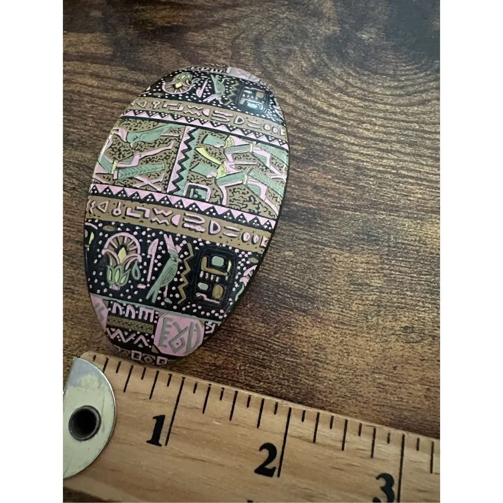 Vintage Hair Clip barrette Egyptian hieroglyphics Retro 1990s 3.75” Black Pink
